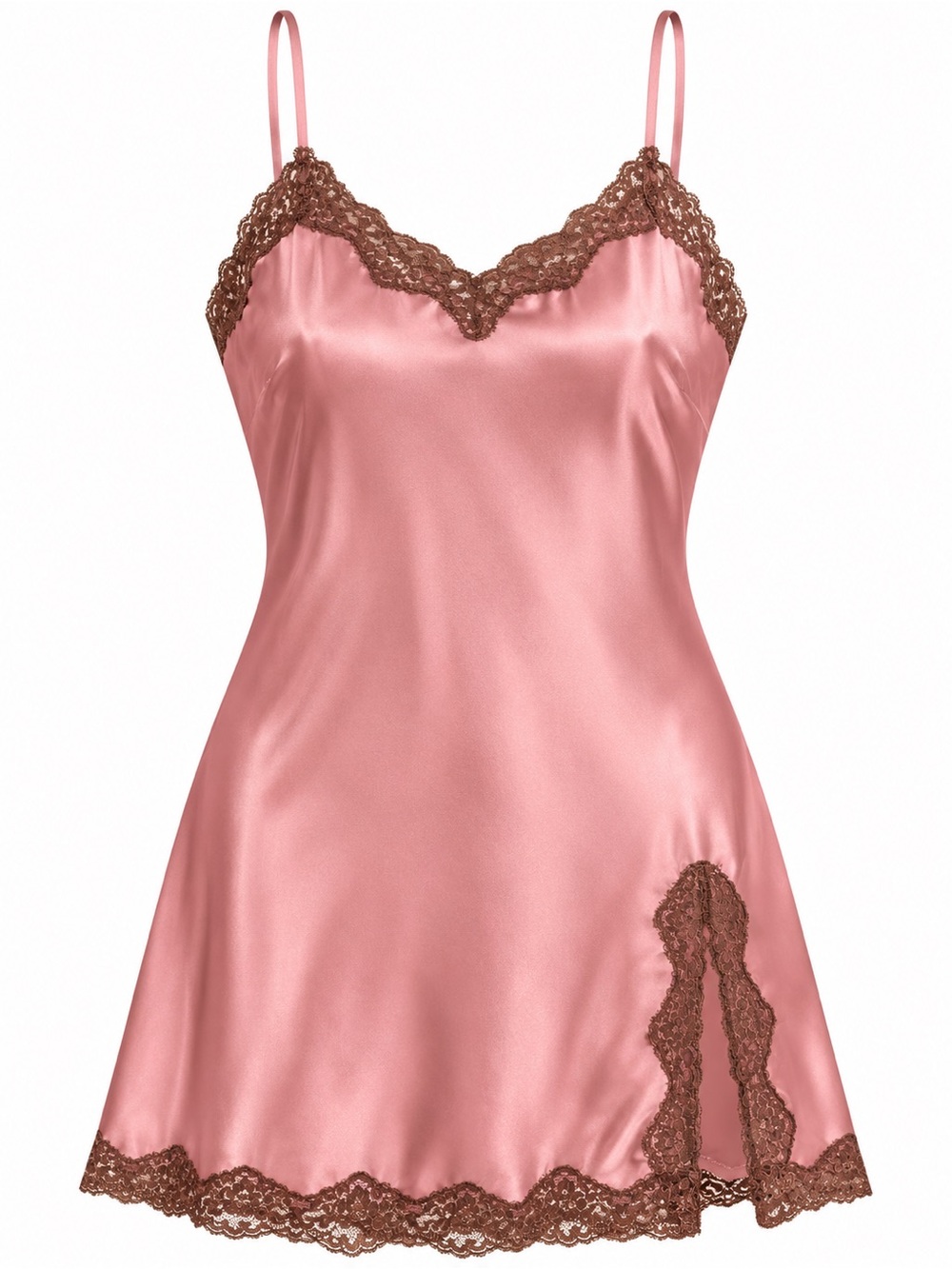 Victoria's Secret Rose Satin Slip with Brown Lace Trim